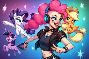 Prompt: Score_9, Score_8_up, Score_7_up, Score_6_up, Score_5_up, Score_4_up, source_cartoon, my little pony, 


mane six,  rarity, rainbow dash, pinkie pie, applejack, Twilight sparkle and fluttershy,



, wearing headphones, starry_background, spinning, MLP, human girl. Punk clothing.  mlp cartoon art.  pony ears, bright eye makeup looks.  Black clothes, Be1nn1e, black_Lipstick, lips, punk clothing, happy looks,  dancing, 