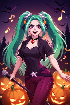  by scorpdk, scorpdk, score_9, score_8_up, score_7_up, score_6_up, score_5_up, score_4_up, source_furry, source_pony,  pony my little pony, equestria girls, 

solo, 1woman
nice red lips, 
(human witch outfit aria blaze mlp, )

singing, microphone, musical notes, 

vampire teeth


ghosts, scared, 

Halloween party background, 
pumpkins, witches, black cats, bats, 