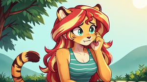  by scorpdk, scorpdk, score_9, score_8_up, score_7_up, score_6_up, score_5_up, score_4_up, source_furry, source_pony, rating_R, pony my little pony, equestria girls, 

Sunset shimmer as a tiger girl, tiger stripes, furry body, Fuzzy, furry, anthro, Tiger striped swimsuit,  claws, fangs, worried, tiger tail, tiger stripes, furry body, 

female_solo
