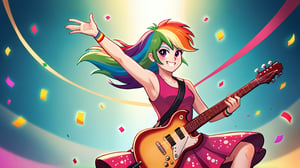  by scorpdk, scorpdk, score_9, score_8_up, score_7_up, score_6_up, score_5_up, score_4_up, source_furry, source_pony, rating_safe, humanized, equestria girls,  female, 

rainbow dash_mlp,
 


orchestra stage background, 
dancing, 
wearing rainbow gowns, 
solo, 1girl, smile,   perfect hand,

spot lights, confetti, guitar, shreadding 
