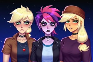 Prompt: Score_9, Score_8_up, Score_7_up, Score_6_up, Score_5_up, Score_4_up, source_cartoon, equestria girls, starry_background, evil, goth_applejack_(mlp),  goth_twilight_sparkle_(mlp), goth_rainbow_dash_(mlp), three girls,  Punk clothing.  mlp cartoon art.  bright eye makeup looks.  Black clothes, Be1nn1e, black_Lipstick, lips, pony tail, full_body, standing, straring,   evil_punk_clothing_applejack, evil_punk_clothing_rainbow_dash, Punk clothing, Punk clothing, Punk clothing, Punk clothing, Applejack_frowning,  three women, high_quality_art,