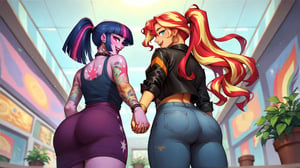 Prompt: Score_9, Score_8_up, Score_7_up, Score_6_up, Score_5_up, Score_4_up, source_cartoon, mlp, Twilight_Sparkle(mlp),  Sunset_Shimmer_mlp, 2 women,  mlp cartoon art.  black_Lipstick, lips, pony tail on ass, cute, tattoos on arms, colorful tattoos on body, rainbow tattoo, happy,  tattooed, Tattoo_parlour_background, fully_clothed,  half_body, standing, mall_background, punk, ear_rings, nose_ring, long_ponytail_on_ass, holding hands, facing_viewer

