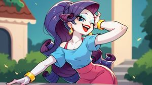 Prompt: Score_9, Score_8_up, Score_7_up, Score_6_up, Score_5_up, Score_4_up, source_cartoon, equestria girls,


rarity_mlp, 

rarity_mlp


1 woman,  mlp cartoon art.  red_Lipstick, lips, pony tail on ass, cute, happy, fully_clothed,  face shot,  standing,  ear_rings, twirling, dancing, facing front, wavy hair, in the park