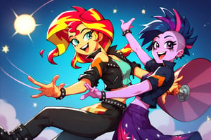 Prompt: Score_9, Score_8_up, Score_7_up, Score_6_up, Score_5_up, Score_4_up, source_cartoon, my little pony  
twilight sparkle and sunset shimmer, dancing, 2 women, starry_background, spinning, MLP, human girl. Punk clothing.  mlp cartoon art.  pony ears, bright eye makeup looks.  Black clothes, Be1nn1e, black_Lipstick, lips, punk clothing, happy looks,  dancing, 