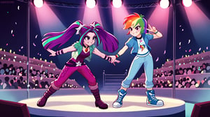  by scorpdk, scorpdk, score_9, score_8_up, score_7_up, score_6_up, score_5_up, score_4_up, source_furry, source_pony, rating_safe, humanized, equestria girls,  female, 

rainbow dash,
aria blaze,


orchestra stage background, 
dancing, 
wearing ball gowns, 
duo, 2girl, smile,   perfect hand,

spot lights, confetti, 
