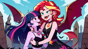 Prompt: Score_9, Score_8_up, Score_7_up, Score_6_up, Score_5_up, Score_4_up, source_cartoon, equestria girls,


vampire_twilight_sparkle_mlp, 
sunset_shimmer_mlp, 


long fangs, bloody bite marks on neck, 
duo,  jewelry, ear piercing, batwings, 
in the graveyard, wearing a bikini top, bloody neck,  vampire_eyes, pale_skin, flying, evil looks, eyes_squinted, hissing, nighttime, two females, 

biting_pinkie_pie, 