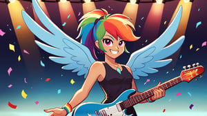  by scorpdk, scorpdk, score_9, score_8_up, score_7_up, score_6_up, score_5_up, score_4_up, source_furry, source_pony, rating_safe, humanized, equestria girls,  female, 

rainbow dash_mlp,
 


orchestra stage background, 
dancing, 
wearing rainbow gowns, 
solo, 1girl, smile,   perfect hand,

spot lights, confetti, guitar, 
