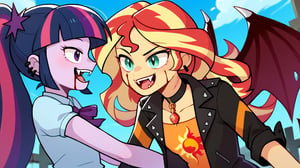 Prompt: Score_9, Score_8_up, Score_7_up, Score_6_up, Score_5_up, Score_4_up, source_cartoon, equestria girls,


vampire_twilight_sparkle_mlp, 
sunset_shimmer_mlp, 

long fangs, bloody bite marks on neck, 
duo,  jewelry, ear piercing, batwings, 
in the graveyard, wearing a bikini top, bloody neck,  vampire_eyes, pale_skin, flying, evil looks, eyes_squinted, hissing, nighttime, 