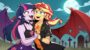 Prompt: Score_9, Score_8_up, Score_7_up, Score_6_up, Score_5_up, Score_4_up, source_cartoon, equestria girls,


vampire_twilight_sparkle_mlp, 
sunset_shimmer_mlp, 

long fangs, bloody bite marks on neck, 
duo,  jewelry, ear piercing, batwings, 
in the graveyard, wearing a bikini top, bloody neck,  vampire_eyes, pale_skin, flying, evil looks, eyes_squinted, hissing, nighttime, 