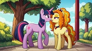  by scorpdk, scorpdk, score_9, score_8_up, score_7_up, score_6_up, score_5_up, score_4_up, source_furry, source_pony, rating_safe, pony my little pony


pony adagio_dazzle, 
pony twilight_sparkle, 
standing on all 4s, 

park background, 


duo, 2girly,   

tongue kissing, happy

