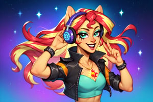 Prompt: Score_9, Score_8_up, Score_7_up, Score_6_up, Score_5_up, Score_4_up, source_cartoon, my little pony, sunset shimmer, wearing headphones, starry_background, spinning, MLP, human girl. Punk clothing.  mlp cartoon art.  pony ears, bright eye makeup looks.  Black clothes, Be1nn1e, black_Lipstick, lips, punk clothing, happy looks,  dancing, 