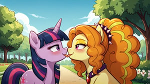  by scorpdk, scorpdk, score_9, score_8_up, score_7_up, score_6_up, score_5_up, score_4_up, source_furry, source_pony, rating_safe, pony my little pony


pony adagio_dazzle, 
pony twilight_sparkle, 
standing on all 4s, 

park background, 


duo, 2girly,   

tongue kissing, happy, blushing, 

