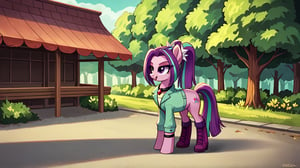  by scorpdk, scorpdk, score_9, score_8_up, score_7_up, score_6_up, score_5_up, score_4_up, source_furry, source_pony, rating_safe, pony my little pony


pony aria_blaze, 

standing on all 4s, clothed

park background, 


solo, 1girly, emotonless,   perfect hand,

