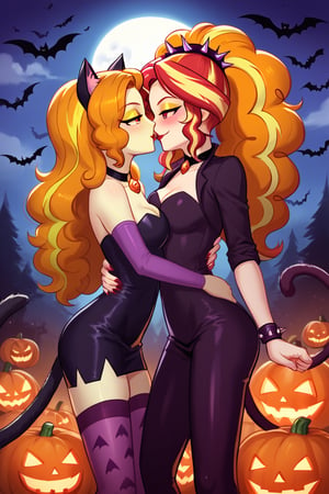  by scorpdk, scorpdk, score_9, score_8_up, score_7_up, score_6_up, score_5_up, score_4_up, source_furry, source_pony,  pony my little pony, equestria girls, 

spandex witch costume, 
catgirl costume, black cat ears, 
duo, 2women
nice red lips, 
(human succubus outfit  adagio dazzle mlp, )
(human catgirl sunset shimmer mlp, )
spinning, twirling, 
blushing, 
mascara, cat tail, 
happy, 
Halloween party background, 
pumpkins, witches, black cats, bats, 
bat wings on back, 
smokey cloudy background, 
Halloween party background, 
kissing, 

bedroom eyes, evil eyes, 