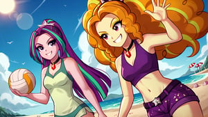  by scorpdk, scorpdk, score_9, score_8_up, score_7_up, score_6_up, score_5_up, score_4_up, source_furry, source_pony, rating_safe, humanized, equestria girls,  female, 

Adagio Dazzle,
aria blaze, 

 volleyball, 
bathingsuit,

beach background, 
glowing, at the beach, 
duo, 2girl, smile,   perfect hand,


Adagio laughing, 