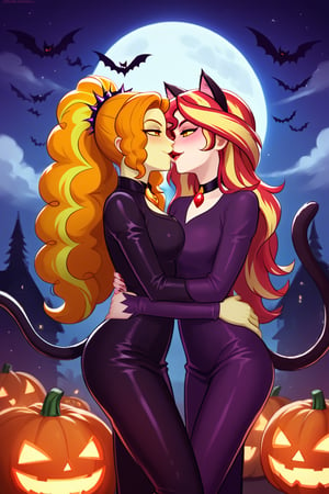  by scorpdk, scorpdk, score_9, score_8_up, score_7_up, score_6_up, score_5_up, score_4_up, source_furry, source_pony,  pony my little pony, equestria girls, 

spandex witch costume, 
catgirl costume, black cat ears, 
duo, 2women
nice red lips, 
(human succubus outfit  adagio dazzle mlp, )
(human catgirl sunset shimmer mlp, )
spinning, twirling, 
blushing, 
mascara, cat tail,  hugging, 
happy, 
Halloween party background, 
pumpkins, witches, black cats, bats, 
bat wings on back, 
smokey cloudy background, 
Halloween party background, 
kissing, 

bedroom eyes, evil eyes, 