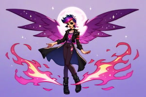 Prompt: Score_9, Score_8_up, Score_7_up, Score_6_up, Score_5_up, Score_4_up, source_cartoon, equestria girls, starry_background, evil, Midnight_applejack_(mlp),  Punk clothing.  mlp cartoon art.  bright eye makeup looks.  Black clothes, Be1nn1e, black_Lipstick, lips, pony tail, full_body, twilight sparkle has purple and pink striped hair.  Glowing Aura flames, hovering, human, batwings, SSJ,  frowning,    