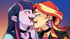 Prompt: Score_9, Score_8_up, Score_7_up, Score_6_up, Score_5_up, Score_4_up, source_cartoon, equestria girls,


vampire_twilight_sparkle_mlp, 
sunset_shimmer_mlp, 

long fangs, bloody bite marks on neck, 
duo,  jewelry, ear piercing, upclose_shot,

in the park, wearing a bikini top, bloody neck, vampire_bite, vampire_eyes, pale_skin, biting neck, 