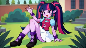 Prompt: Score_9, Score_8_up, Score_7_up, Score_6_up, Score_5_up, Score_4_up, source_cartoon, equestria girls,


twilight sparkle_mlp, 


rockof_succubus, Pale skin , tattoo, draculaura, solo, twintails, multiclored hair, pink hair, black hair, pink eyes, pointy ears, , earrings, fishnet sleeves, frilled sleeves, long sleeves, blunt bangs, monster high, pink vest, white skirt, pink knee boots, vampire fangs, 

twilight sparkle looking like draculaura in the park, waving hi,  