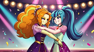  by scorpdk, scorpdk, score_9, score_8_up, score_7_up, score_6_up, score_5_up, score_4_up, source_furry, source_pony, rating_safe, humanized, equestria girls,  female, 

sonata dusk, 
adagio dazzle,
aria blaze,


orchestra stage background, 
dancing, 
wearing ball gowns, 
duo, 2girl, smile,   perfect hand,

spot lights, confetti, 
