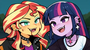 Prompt: Score_9, Score_8_up, Score_7_up, Score_6_up, Score_5_up, Score_4_up, source_cartoon, equestria girls,


vampire_twilight_sparkle_mlp, 
sunset_shimmer_mlp, 

long fangs, bloody bite marks on neck, 
duo,  jewelry, ear piercing, purple miniskirt, animal print shirt, makeup, thighhighs, eyeshadow, upclose_shot,

in the park, goth, hip hop, swirling, twirling, 