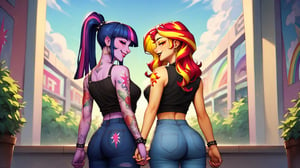 Prompt: Score_9, Score_8_up, Score_7_up, Score_6_up, Score_5_up, Score_4_up, source_cartoon, mlp, Twilight_Sparkle(mlp),  Sunset_Shimmer_mlp, 2 women,  mlp cartoon art.  black_Lipstick, lips, pony tail on ass, cute, tattoos on arms, colorful tattoos on body, rainbow tattoo, happy,  tattooed, Tattoo_parlour_background, fully_clothed,  half_body, standing, mall_background, punk, ear_rings, nose_ring, long_ponytail_on_ass, holding hands, facing_viewer

