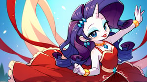 Prompt: Score_9, Score_8_up, Score_7_up, Score_6_up, Score_5_up, Score_4_up, source_cartoon, equestria girls,


rarity_mlp, 

rarity_mlp


1 woman,  mlp cartoon art.  red_Lipstick, lips, pony tail on ass, cute, happy, fully_clothed,  1-4th_body, standing,  ear_rings, twirling, dancing, facing front, wavy hair, 
floating daimonds in the air, 
runway background, fashion gallery, fancy dresses, glamour, brat, cute, rarity floating, 

