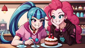  by scorpdk, scorpdk, score_9, score_8_up, score_7_up, score_6_up, score_5_up, score_4_up, source_furry, source_pony, rating_safe, humanized, equestria girls,  female, 

evil  pinkie_pie,
sonata dusk, 

bakery shop background, 


duo, 2girl, smile,   perfect hand,

cakes, confetty, 
