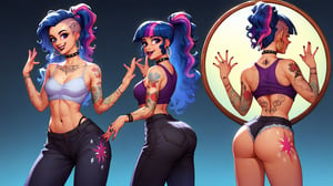 Prompt: Score_9, Score_8_up, Score_7_up, Score_6_up, Score_5_up, Score_4_up, source_cartoon, mlp, Twilight_Sparkle(mlp),  1 woman,  mlp cartoon art.  black_Lipstick, lips, pony tail on ass, cute, tattoos on arms, colorful tattoos on body, rainbow tattoo, happy,  tattooed, Tattoo_parlour_background, fully_clothed,  half_body, standing, in front of mirror, punk, ear_rings, nose_ring, long_ponytail_on_ass, twirling, dancing, facing front, spellbooks, wavy hair, 

