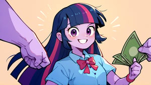 Prompt: Score_9, Score_8_up, Score_7_up, Score_6_up, Score_5_up, Score_4_up, source_cartoon, equestria girls,


twilight sparkle_mlp, 

money in fist, holding money out, facing forward, saying "Take my money!" 