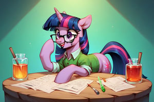 Prompt: Score_9, Score_8_up, Score_7_up, Score_6_up, Score_5_up, Score_4_up, source_cartoon, my little pony,  spinning, twilight_sparkle_MLP,  black_square_eyeglasses,  wearing nerdy outfit, mlp cartoon art.  pony ears, bright eye makeup looks.  Be1nn1e, black_Lipstick, lips, pony tail, full_body, chemistry_lab, 