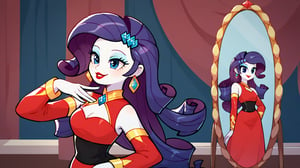 Prompt: Score_9, Score_8_up, Score_7_up, Score_6_up, Score_5_up, Score_4_up, source_cartoon, equestria girls,


rarity_mlp, 

rarity_mlp


1 woman,  mlp cartoon art.  red_Lipstick, lips, pony tail on ass, cute, happy, fully_clothed,  1-4th_body, standing, in front of mirror, ear_rings, twirling, dancing, facing front, wavy hair, 

runway background, fashion gallery, fancy dresses, glamour, brat, cute, 

