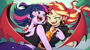 Prompt: Score_9, Score_8_up, Score_7_up, Score_6_up, Score_5_up, Score_4_up, source_cartoon, equestria girls,


vampire_twilight_sparkle_mlp, 
sunset_shimmer_mlp, 

long fangs, bloody bite marks on neck, 
duo,  jewelry, ear piercing, batwings, 
in the park, wearing a bikini top, bloody neck,  vampire_eyes, pale_skin, flying, evil looks, eyes_squinted, hissing, 