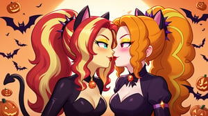  by scorpdk, scorpdk, score_9, score_8_up, score_7_up, score_6_up, score_5_up, score_4_up, source_furry, source_pony,  pony my little pony, equestria girls, 

spandex witch costume, 
catgirl costume, black cat ears, 
duo, 2women
nice red lips, 
(human succubus outfit  adagio dazzle mlp, )
(human magical girl outfit sunset shimmer mlp, )
spinning, twirling, 
blushing, 
mascara, cat tail, 
happy, 
Halloween party background, 
pumpkins, witches, black cats, bats, 
bat wings on back, 
smokey cloudy background, 
Halloween party background, 
kissing, 

bedroom eyes, evil eyes, 