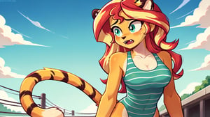  by scorpdk, scorpdk, score_9, score_8_up, score_7_up, score_6_up, score_5_up, score_4_up, source_furry, source_pony, rating_R, pony my little pony, equestria girls, 

Sunset shimmer as a tiger girl, tiger stripes, furry body, Fuzzy, furry, anthro, Tiger striped swimsuit,  claws, fangs, worried, tiger tail, tiger stripes, furry body, 

female_solo
