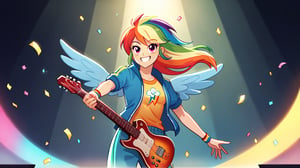  by scorpdk, scorpdk, score_9, score_8_up, score_7_up, score_6_up, score_5_up, score_4_up, source_furry, source_pony, rating_safe, humanized, equestria girls,  female, 

rainbow dash_mlp,
 


orchestra stage background, 
dancing, 
wearing rainbow gowns, 
solo, 1girl, smile,   perfect hand,

spot lights, confetti, guitar, shreadding 
