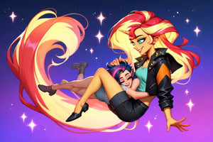 Prompt: Score_9, Score_8_up, Score_7_up, Score_6_up, Score_5_up, Score_4_up, source_cartoon, my little pony  , starry_background, spinning, twilght_sparkle_(mlp), Sunset_shimmer_MLP, human girl. Punk clothing.  mlp cartoon art.  pony ears, bright eye makeup looks.  Black clothes, Be1nn1e, black_Lipstick, lips, pony tail, full_body, females hugging and smiling