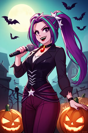  by scorpdk, scorpdk, score_9, score_8_up, score_7_up, score_6_up, score_5_up, score_4_up, source_furry, source_pony,  pony my little pony, equestria girls, 

solo, 1woman
nice red lips, 
(human witch outfit aria blaze mlp, )

singing, microphone, musical notes, 

vampire teeth


ghosts, scared, 

Halloween party background, 
pumpkins, witches, black cats, bats, 