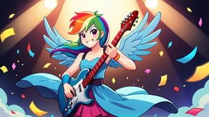  by scorpdk, scorpdk, score_9, score_8_up, score_7_up, score_6_up, score_5_up, score_4_up, source_furry, source_pony, rating_safe, humanized, equestria girls,  female, 

rainbow dash_mlp,
 


orchestra stage background, 
dancing, 
wearing rainbow gowns, 
solo, 1girl, smile,   perfect hand,

spot lights, confetti, guitar, 
