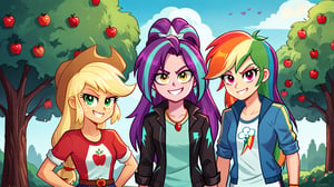  by scorpdk, scorpdk, score_9, score_8_up, score_7_up, score_6_up, score_5_up, score_4_up, source_furry, source_pony, rating_safe, humanized, equestria girls,  female, 

evil  rainbow dash (rainbow hair), 
evil  applejack,
aria blaze, 

apple trees background, 


trio, 3girl, smile,   perfect hand,


