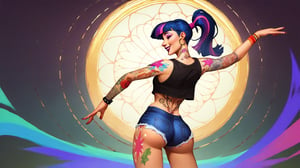 Prompt: Score_9, Score_8_up, Score_7_up, Score_6_up, Score_5_up, Score_4_up, source_cartoon, mlp, Twilight_Sparkle(mlp),  1 woman,  mlp cartoon art.  black_Lipstick, lips, pony tail on ass, cute, tattoos on arms, colorful tattoos on body, rainbow tattoo, happy,  tattooed, Tattoo_parlour_background, fully_clothed,  half_body, standing, in front of mirror, punk, ear_rings, nose_ring, long_ponytail_on_ass, twirling, dancing, facing front, 

