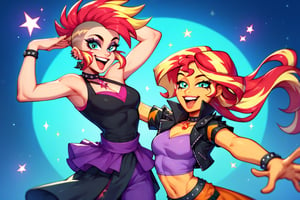 Prompt: Score_9, Score_8_up, Score_7_up, Score_6_up, Score_5_up, Score_4_up, source_cartoon, my little pony  
twilight sparkle and sunset shimmer, dancing, 2 women, starry_background, spinning, MLP, human girl. Punk clothing.  mlp cartoon art.  pony ears, bright eye makeup looks.  Black clothes, Be1nn1e, black_Lipstick, lips, punk clothing, happy looks,  dancing, 