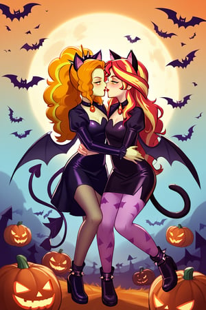  by scorpdk, scorpdk, score_9, score_8_up, score_7_up, score_6_up, score_5_up, score_4_up, source_furry, source_pony,  pony my little pony, equestria girls, 

spandex witch costume, 
catgirl costume, black cat ears, 
duo, 2women
nice red lips, 
(human succubus outfit  adagio dazzle mlp, )
(human catgirl sunset shimmer mlp, )
spinning, twirling, 
blushing, 
mascara, cat tail, touching, 
happy, 
Halloween party background, 
pumpkins, witches, black cats, bats, 
bat wings on back, 
smokey cloudy background, 
Halloween party background, 
kissing, 

bedroom eyes, evil eyes, 