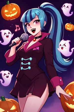  by scorpdk, scorpdk, score_9, score_8_up, score_7_up, score_6_up, score_5_up, score_4_up, source_furry, source_pony,  pony my little pony, equestria girls, 

solo, 1woman
nice red lips, 
(human witch outfit sonata dusk mlp, )

singing, microphone, musical notes, vampire teeth, 


ghosts, scared, 

Halloween party background, 
pumpkins, witches, black cats, bats, 