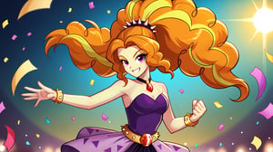  by scorpdk, scorpdk, score_9, score_8_up, score_7_up, score_6_up, score_5_up, score_4_up, source_furry, source_pony, rating_safe, humanized, equestria girls,  female, 

adagio dazzle,
 


orchestra stage background, 
dancing, 
wearing ball gowns, 
solo, 1girl, smile,   perfect hand,

spot lights, confetti, 
