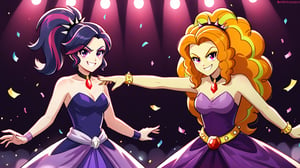  by scorpdk, scorpdk, score_9, score_8_up, score_7_up, score_6_up, score_5_up, score_4_up, source_furry, source_pony, rating_safe, humanized, equestria girls,  female, 

adagio dazzle,
evil twiligh sparkle, 


orchestra stage background, 
dancing, 
wearing ball gowns, 
duo, 2girl, smile,   perfect hand,

spot lights, confetti, 
