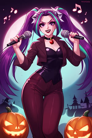  by scorpdk, scorpdk, score_9, score_8_up, score_7_up, score_6_up, score_5_up, score_4_up, source_furry, source_pony,  pony my little pony, equestria girls, 

solo, 1woman
nice red lips, 
(human witch outfit aria blaze mlp, )

singing, microphone, musical notes, 


ghosts, scared, 

Halloween party background, 
pumpkins, witches, black cats, bats, 