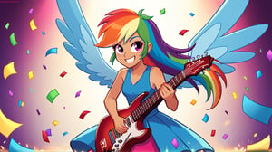  by scorpdk, scorpdk, score_9, score_8_up, score_7_up, score_6_up, score_5_up, score_4_up, source_furry, source_pony, rating_safe, humanized, equestria girls,  female, 

rainbow dash_mlp,
 


orchestra stage background, 
dancing, 
wearing rainbow gowns, 
solo, 1girl, smile,   perfect hand,

spot lights, confetti, guitar, shreadding 
