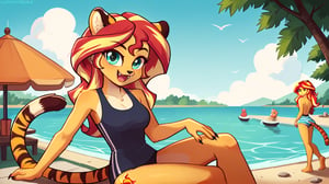  by scorpdk, scorpdk, score_9, score_8_up, score_7_up, score_6_up, score_5_up, score_4_up, source_furry, source_pony, rating_R, pony my little pony, equestria girls, 

Sunset shimmer as a tiger girl, tiger stripes, furry body, Fuzzy, furry, anthro, Tiger striped swimsuit,  claws, fangs, happy, 
