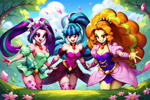 Prompt: Score_9, Score_8_up, Score_7_up, Score_6_up, Score_5_up, Score_4_up, source_cartoon, my little pony  
OPERA SINGERS, Adagio Dazzle, Aria Blaze, Sonata Dusk, 3 women, opera_background, spinning, MLP,  opera clothing.  mlp cartoon art.  bright eye makeup looks. opera gowns, Be1nn1e, black_Lipstick, lips, , three girls, OPERA, OPERA, OPERA, 